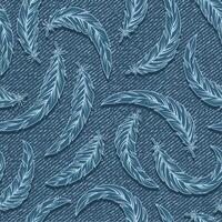 Seamless blue denim pattern with scattered feathers. Outline feathers on blue jeans textured fabric. Random monochrome composition. vector