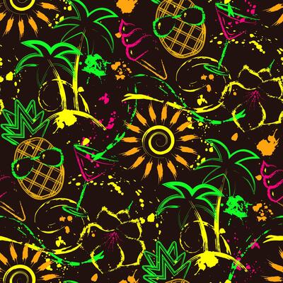 Tropical seamless pattern with icons of pineapple, ice cream, cocktail glass, palm tree. Wavy paint brush strokes, splattered paint. Bright glowing neon colors. Outline, contour illustrations.