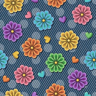 Pattern with scattered chamomile, small hearts, polka dot ornament behind. Blooming flowers on blue jeans texture. Groovy, hippie, naive style for apparel, fabric, textile, design