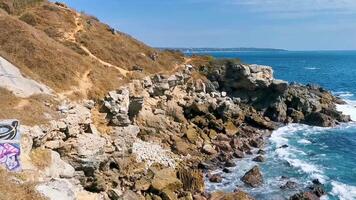 Beautiful rocks cliffs view waves at beach coast panorama Mexico. video