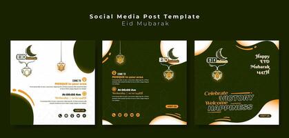 Set of social media post template with outline of lantern and moon ornamental design for eid mubarak or ramadan kareem. islamic background in green white design for eid mubarak vector