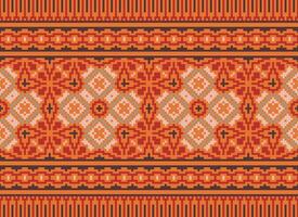 Cross Stitch pattern with Floral Designs. Traditional cross stitch needlework. Geometric Ethnic pattern, Embroidery, Textile ornamentation, fabric, Hand stitched pattern, Cultural stitching pixel art. vector