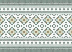 A Floral pixel art pattern on grey background.geometric ethnic oriental embroidery vector illustration. pixel style, abstract background, cross stitch.design for texture, fabric, cloth, scarf, print