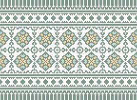 A Floral pixel art pattern on grey background.geometric ethnic oriental embroidery vector illustration. pixel style, abstract background, cross stitch.design for texture, fabric, cloth, scarf, print