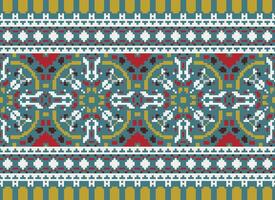 Cross Stitch pattern with Floral Designs. Traditional cross stitch needlework. Geometric Ethnic pattern, Embroidery, Textile ornamentation, fabric, Hand stitched pattern, Cultural stitching pixel art. vector