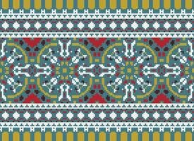 Cross Stitch pattern with Floral Designs. Traditional cross stitch needlework. Geometric Ethnic pattern, Embroidery, Textile ornamentation, fabric, Hand stitched pattern, Cultural stitching pixel art. vector