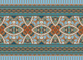 Cross Stitch pattern with Floral Designs. Traditional cross stitch needlework. Geometric Ethnic pattern, Embroidery, Textile ornamentation, fabric, Hand stitched pattern, Cultural stitching pixel art. vector