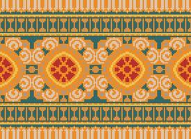 Pixel Cross Stitch pattern with Floral Designs. Traditional cross stitch needlework. Geometric Ethnic pattern, Embroidery, Textile ornamentation, fabric, Hand stitched pattern, pixel art. vector