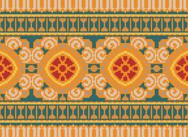 Pixel Cross Stitch pattern with Floral Designs. Traditional cross stitch needlework. Geometric Ethnic pattern, Embroidery, Textile ornamentation, fabric, Hand stitched pattern, pixel art. vector