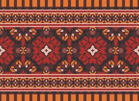 Pixel Cross Stitch pattern with Floral Designs. Traditional cross stitch needlework. Geometric Ethnic pattern, Embroidery, Textile ornamentation, fabric, Hand stitched pattern, pixel art. vector