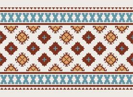 Pixel Cross Stitch pattern with Floral Designs. Traditional cross stitch needlework. Geometric Ethnic pattern, Embroidery, Textile ornamentation, fabric, Hand stitched pattern, Cultural stitching vector