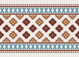 Pixel Cross Stitch pattern with Floral Designs. Traditional cross stitch needlework. Geometric Ethnic pattern, Embroidery, Textile ornamentation, fabric, Hand stitched pattern, Cultural stitching vector