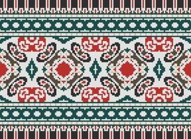 Cross Stitch pattern with Floral Designs. Traditional cross stitch needlework. Geometric Ethnic pattern, Embroidery, Textile ornamentation, fabric, Hand stitched pattern, Cultural stitching pixel art. vector