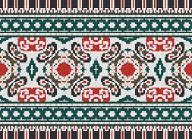 Cross Stitch pattern with Floral Designs. Traditional cross stitch needlework. Geometric Ethnic pattern, Embroidery, Textile ornamentation, fabric, Hand stitched pattern, Cultural stitching pixel art. vector