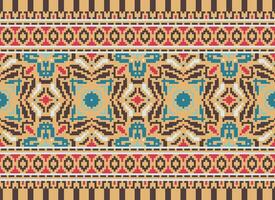 Cross Stitch Border. Embroidery Cross Stitch. Ethnic Patterns. Geometric Ethnic Indian pattern. Native Ethnic pattern.Texture Textile Fabric Clothing Knitwear print. Pixel Horizontal Seamless Vector. vector