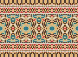 Cross Stitch Border. Embroidery Cross Stitch. Ethnic Patterns. Geometric Ethnic Indian pattern. Native Ethnic pattern.Texture Textile Fabric Clothing Knitwear print. Pixel Horizontal Seamless Vector. vector