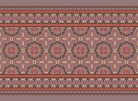 A Floral pixel art pattern on grey background.geometric ethnic oriental embroidery vector illustration. pixel style, abstract background, cross stitch.design for texture, fabric, cloth, scarf, print