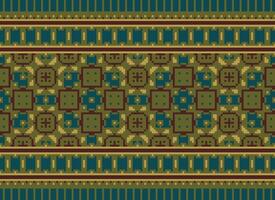 Pixel Cross Stitch pattern with Floral Designs. Traditional cross stitch needlework. Geometric Ethnic pattern, Embroidery, Textile ornamentation, fabric, Hand stitched pattern, Cultural stitching vector