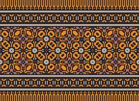 Pixel Cross Stitch pattern with Floral Designs. Traditional cross stitch needlework. Geometric Ethnic pattern, Embroidery, Textile ornamentation, fabric, Hand stitched pattern, Cultural stitching vector