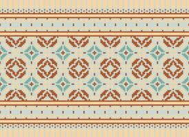 A Floral pixel art pattern on grey background.geometric ethnic oriental embroidery vector illustration. pixel style, abstract background, cross stitch.design for texture, fabric, cloth, scarf, print