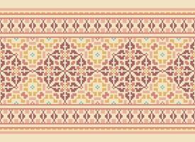 Pixel Cross Stitch pattern with Floral Designs. Traditional cross stitch needlework. Geometric Ethnic pattern, Embroidery, Textile ornamentation, fabric, Hand stitched pattern, pixel art. vector