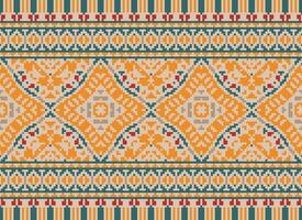 Pixel Cross Stitch pattern with Floral Designs. Traditional cross stitch needlework. Geometric Ethnic pattern, Embroidery, Textile ornamentation, fabric, Hand stitched pattern, pixel art. vector