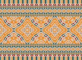 Pixel Cross Stitch pattern with Floral Designs. Traditional cross stitch needlework. Geometric Ethnic pattern, Embroidery, Textile ornamentation, fabric, Hand stitched pattern, pixel art. vector