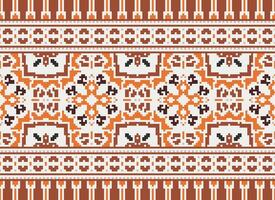 Pixel Cross Stitch pattern with Floral Designs. Traditional cross stitch needlework. Geometric Ethnic pattern, Embroidery, Textile ornamentation, fabric, Hand stitched pattern, pixel art. vector