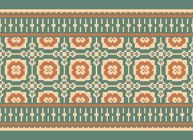 A Floral pixel art pattern on grey background.geometric ethnic oriental embroidery vector illustration. pixel style, abstract background, cross stitch.design for texture, fabric, cloth, scarf, print