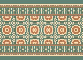 A Floral pixel art pattern on grey background.geometric ethnic oriental embroidery vector illustration. pixel style, abstract background, cross stitch.design for texture, fabric, cloth, scarf, print