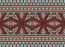 flower embroidery on brown background. ikat and cross stitch geometric seamless pattern ethnic oriental traditional. Aztec style illustration design for carpet, wallpaper, clothing, wrapping, batik. vector