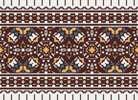 flower embroidery on brown background. ikat and cross stitch geometric seamless pattern ethnic oriental traditional. Aztec style illustration design for carpet, wallpaper, clothing, wrapping, batik. vector