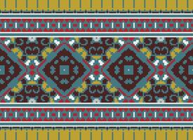 Pixel Embroidery ethnic pattern, Vector Geometric ornate background, Cross stitch retro zigzag style, pattern knitting continuous, Design for textile, fabric, ceramic, digital print