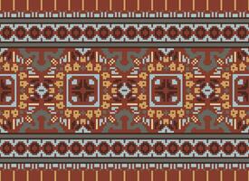 flower embroidery on brown background. ikat and cross stitch geometric seamless pattern ethnic oriental traditional. Aztec style illustration design for carpet, wallpaper, clothing, wrapping, batik. vector