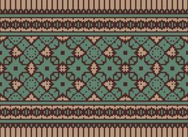 Pixel Cross Stitch pattern with Floral Designs. Traditional cross stitch needlework. Geometric Ethnic pattern, Embroidery, Textile ornamentation, fabric, Hand stitched pattern, Cultural stitching vector