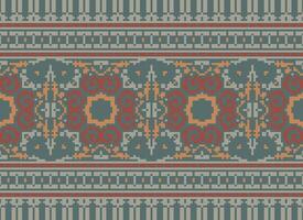 Pixel Cross Stitch pattern with Floral Designs. Traditional cross stitch needlework. Geometric Ethnic pattern, Embroidery, Textile ornamentation, fabric, Hand stitched pattern, pixel art. vector