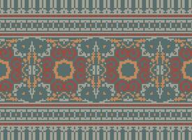 Pixel Cross Stitch pattern with Floral Designs. Traditional cross stitch needlework. Geometric Ethnic pattern, Embroidery, Textile ornamentation, fabric, Hand stitched pattern, pixel art. vector