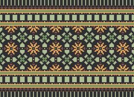 A Floral pixel art pattern on grey background.geometric ethnic oriental embroidery vector illustration. pixel style, abstract background, cross stitch.design for texture, fabric, cloth, scarf, print