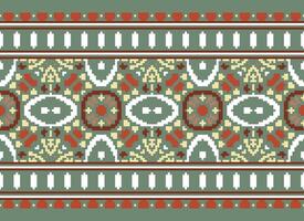 Pixel Cross Stitch pattern with Floral Designs. Traditional cross stitch needlework. Geometric Ethnic pattern, Embroidery, Textile ornamentation, fabric, Hand stitched pattern, pixel art. vector