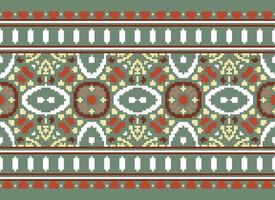 píxel cruzar puntada modelo con floral diseños tradicional cruzar puntada costura. geométrico étnico patrón, bordado, textil ornamentación, tela, mano cosido patrón, píxel Arte. vector