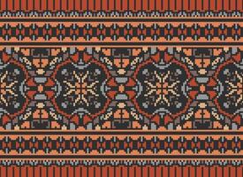 Pixel Embroidery ethnic pattern, Vector Geometric ornate background, Cross stitch retro zigzag style, pattern knitting continuous, Design for textile, fabric, ceramic, digital print