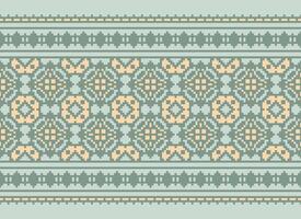 A Floral pixel art pattern on grey background.geometric ethnic oriental embroidery vector illustration. pixel style, abstract background, cross stitch.design for texture, fabric, cloth, scarf, print
