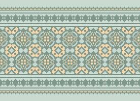 A Floral pixel art pattern on grey background.geometric ethnic oriental embroidery vector illustration. pixel style, abstract background, cross stitch.design for texture, fabric, cloth, scarf, print