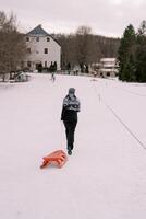 Woman with a sled on a rope walks along the top of a hill. Back view photo