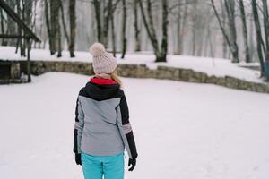 niña soportes en un Nevado bosque y mira dentro el distancia. espalda ver foto