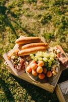 Fruits on a plate next to cold cuts and bread stand on a wooden box on a green lawn photo