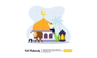 contento eid Mubarak o Ramadán saludo con personas personaje ilustración. vector