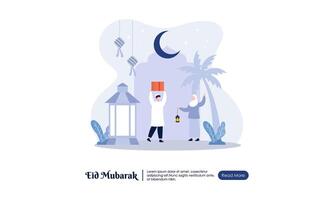 Happy Eid Mubarak or Ramadan Greeting with People Character Illustration. vector