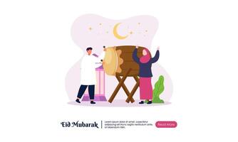 Happy Eid Mubarak or Ramadan Greeting with People Character Illustration. vector