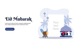 contento eid Mubarak o Ramadán saludo con personas personaje ilustración. islámico diseño modelo para bandera, aterrizaje página o póster. vector